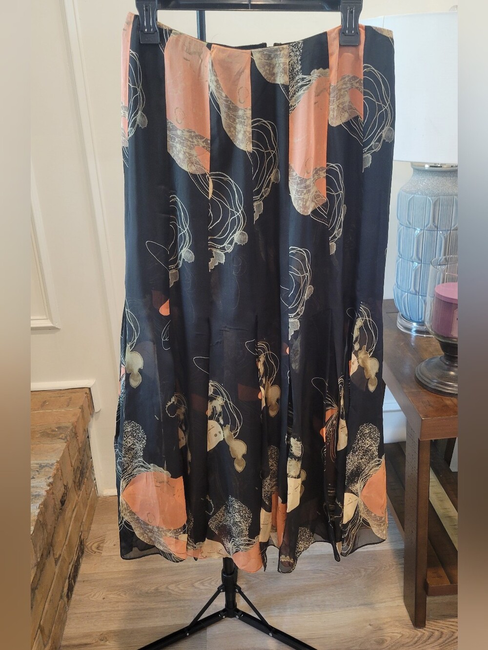 Vintage 100% Silk Dana Buchman Black Maxi Skirt with Peach Floral Accents